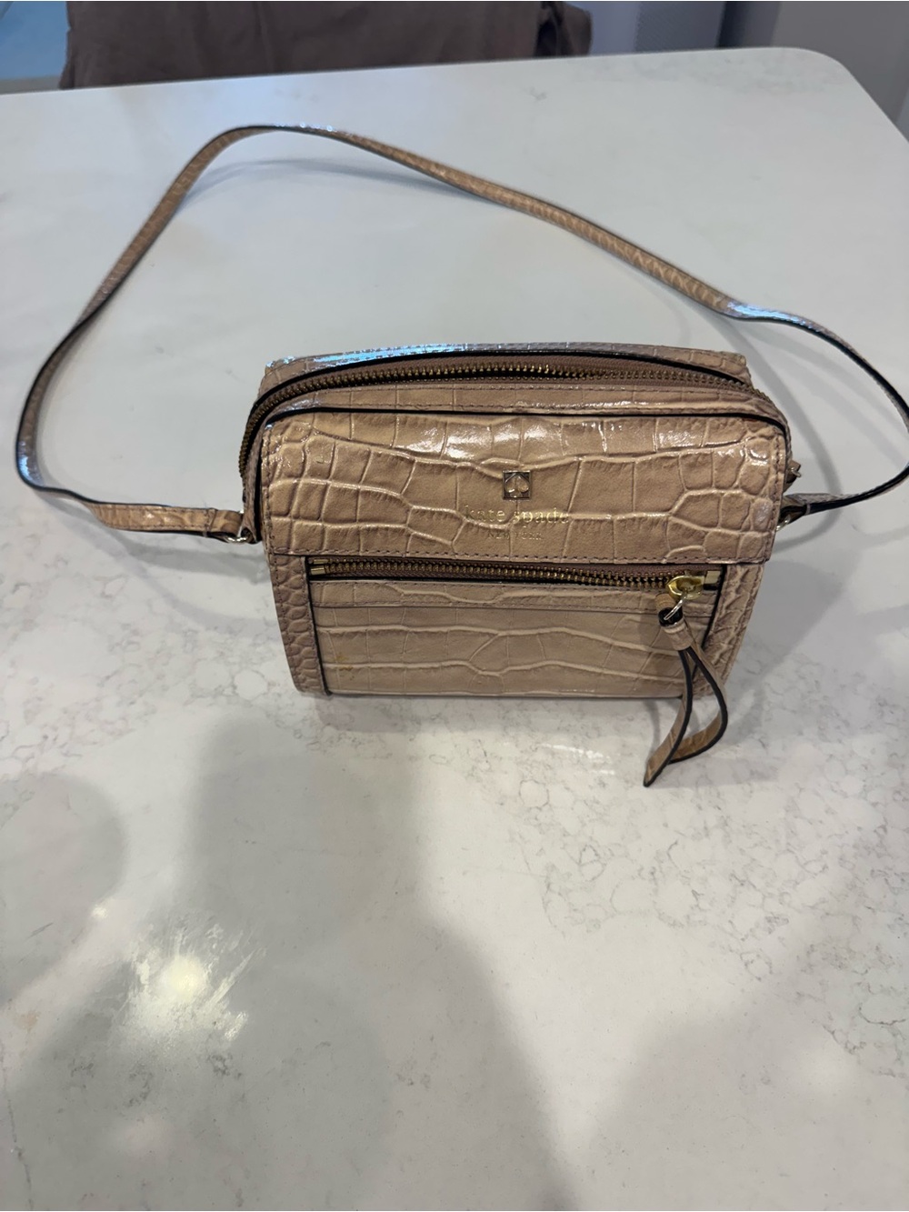 Kate Spade Beige Croc Embossed Leather Crossbody Bag